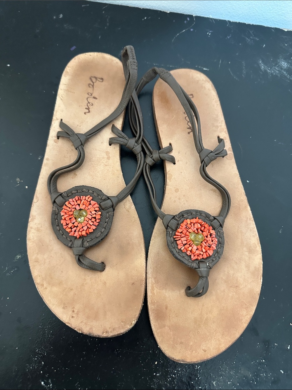Boden Brown Leather Sandals with Coral Beaded Medallion